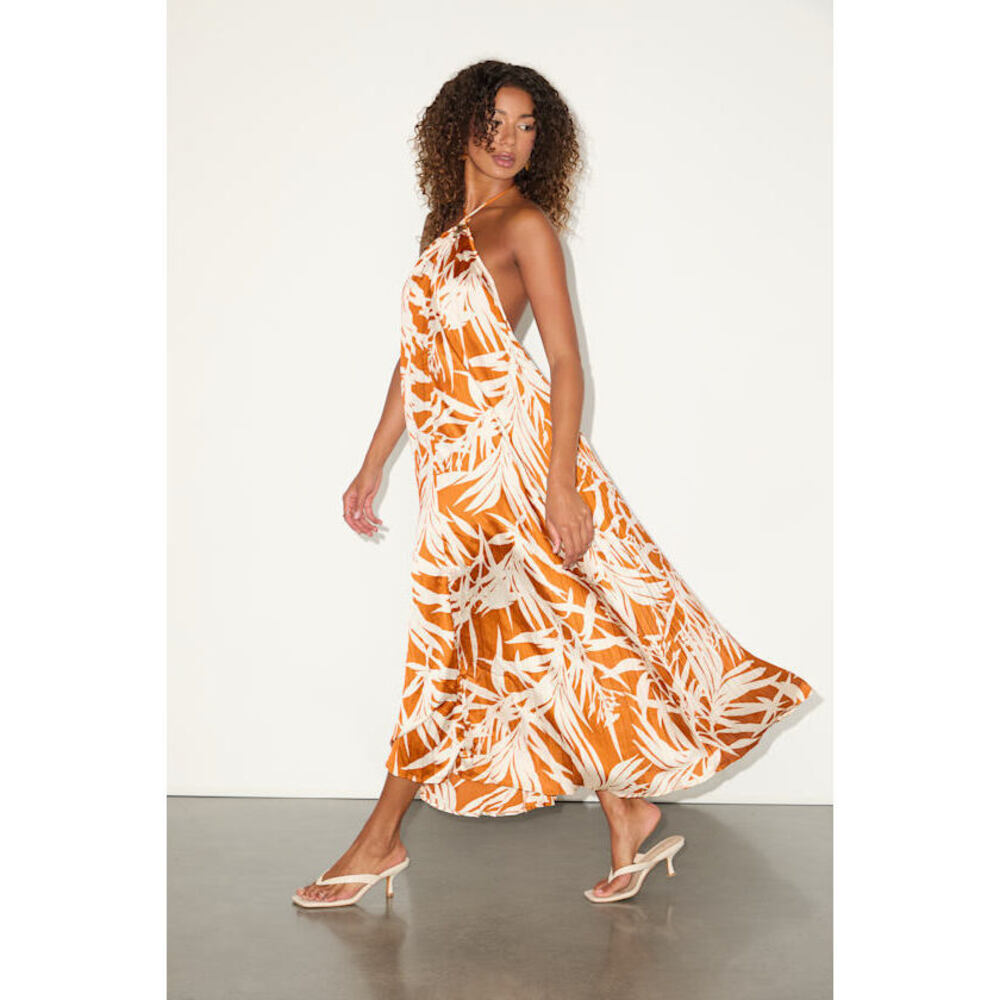 Lulus Kalena Orange Tropical Print Pleated Halter Maxi Dress - Size XL